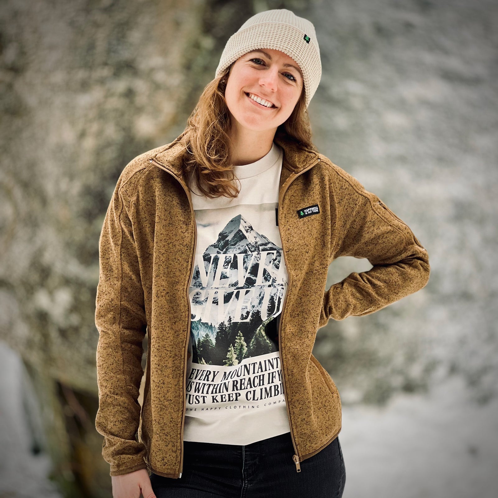 Women's Alpine Knit Full Zip Jacket w / Happiness Is Out There Label - The Happy Clothing Company