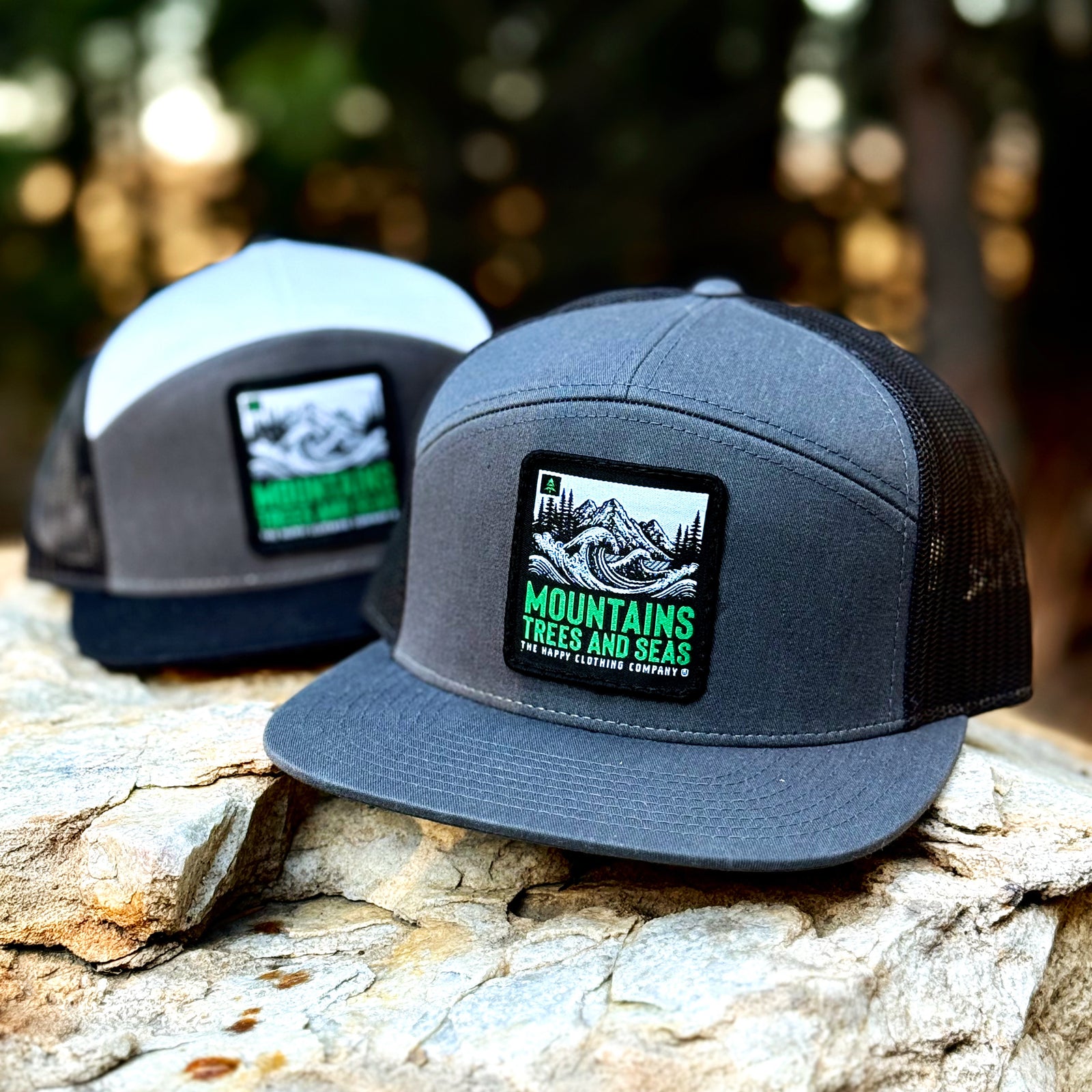 Mountains Trees and Seas Woven Patch 7 Panel Cap - The Happy Clothing Company