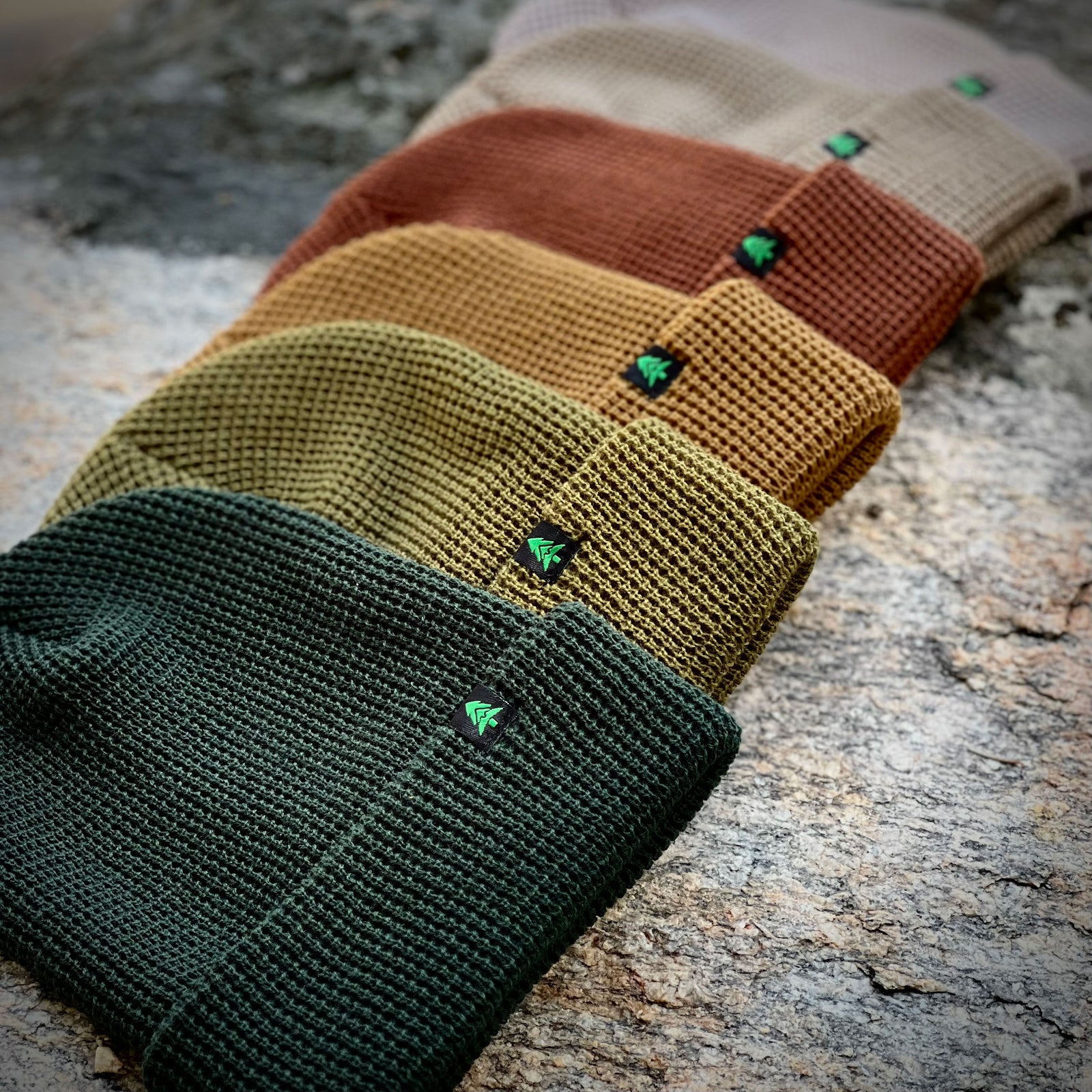 Mountain-Tree Label Waffle Cuffed Beanie | Earth Tone Edition | - The Happy Clothing Company