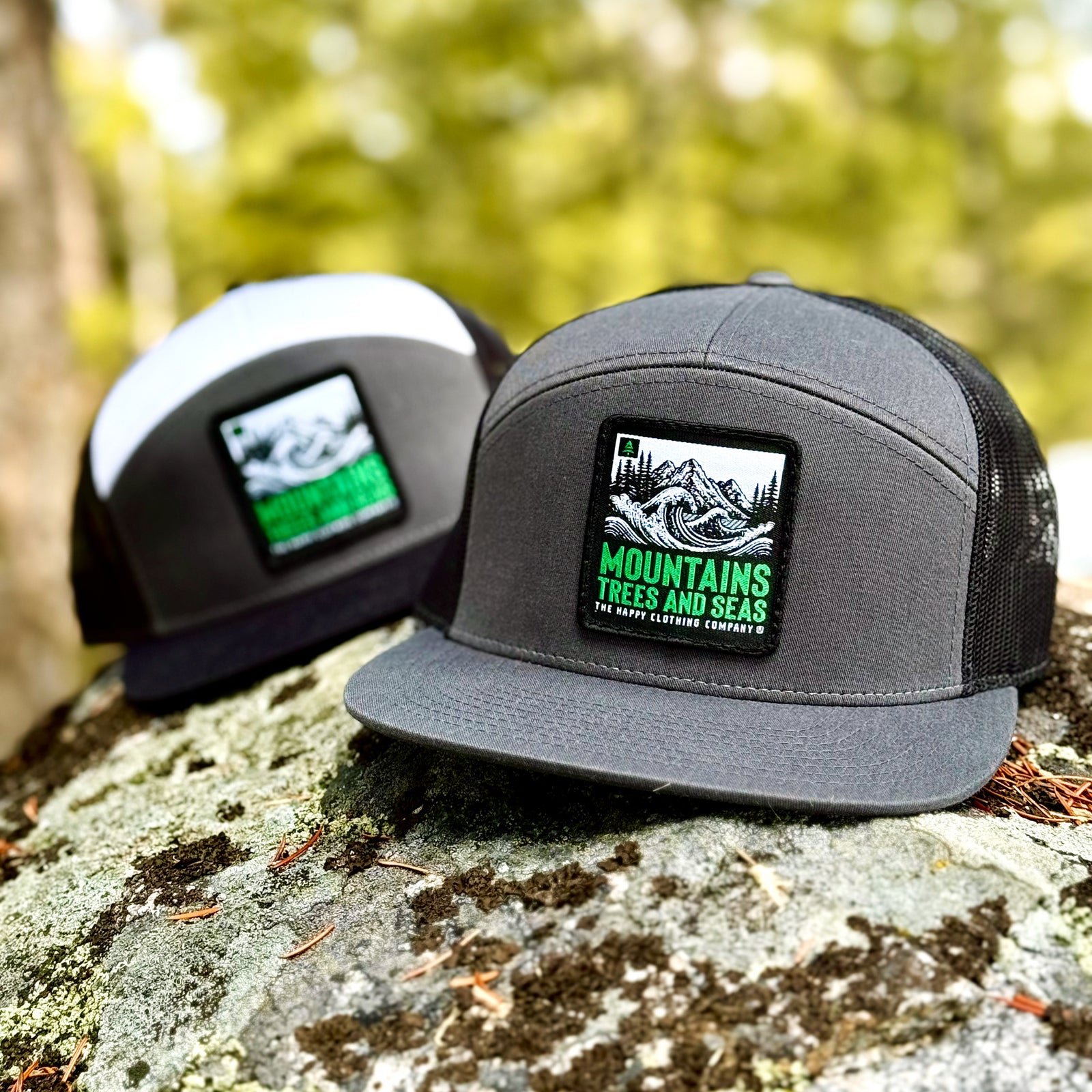 Mountains Trees and Seas Woven Patch 7 Panel Cap - The Happy Clothing Company