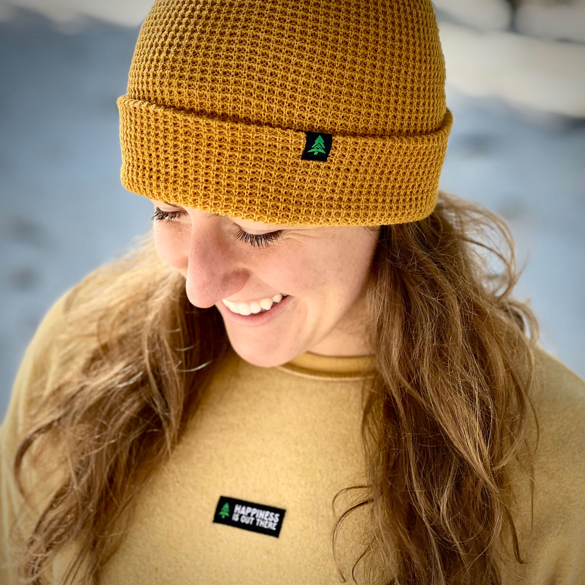Mountain-Tree Label Waffle Cuffed Beanie - The Happy Clothing Company