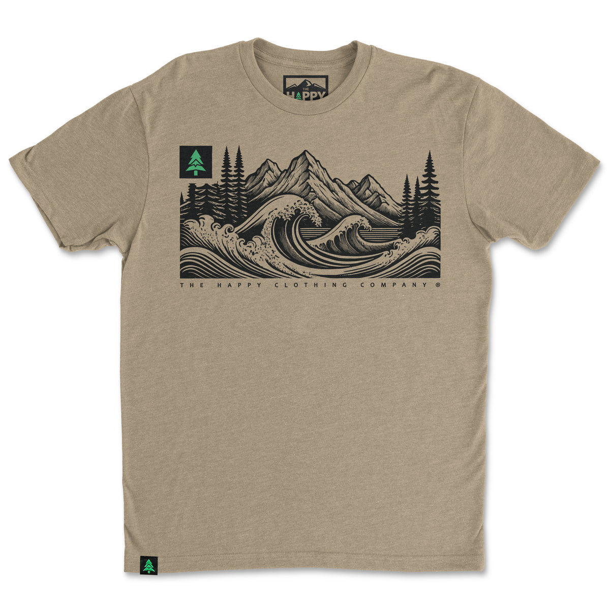 Mountains Trees and Seas Drawing 'Trail Tee' | Lightweight Blend | - The Happy Clothing Company