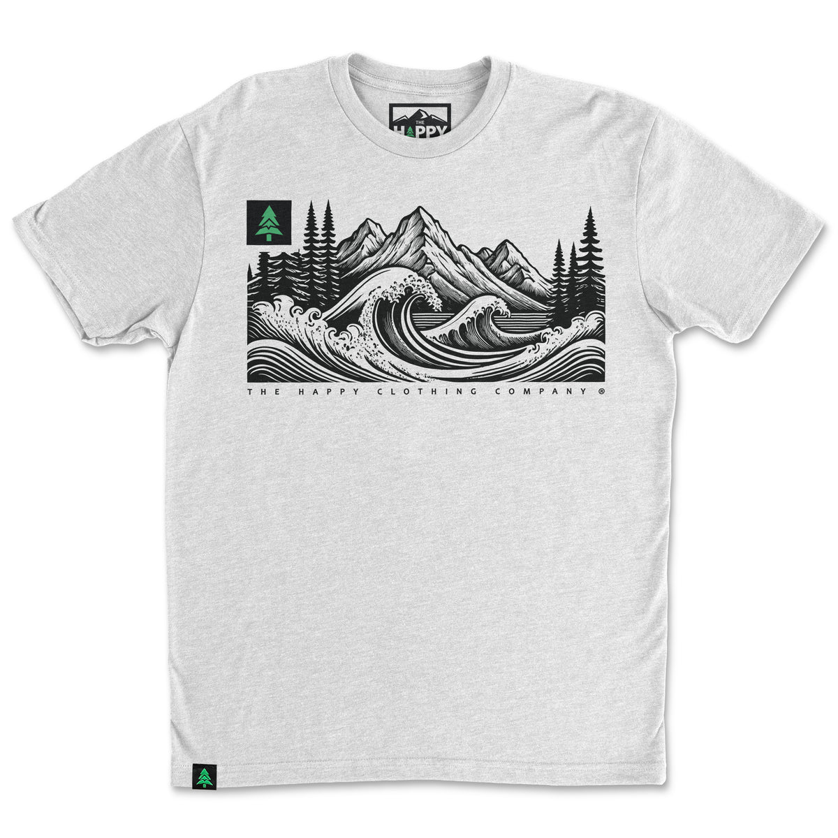 Mountains Trees and Seas Drawing 'Trail Tee' | Lightweight Blend | - The Happy Clothing Company