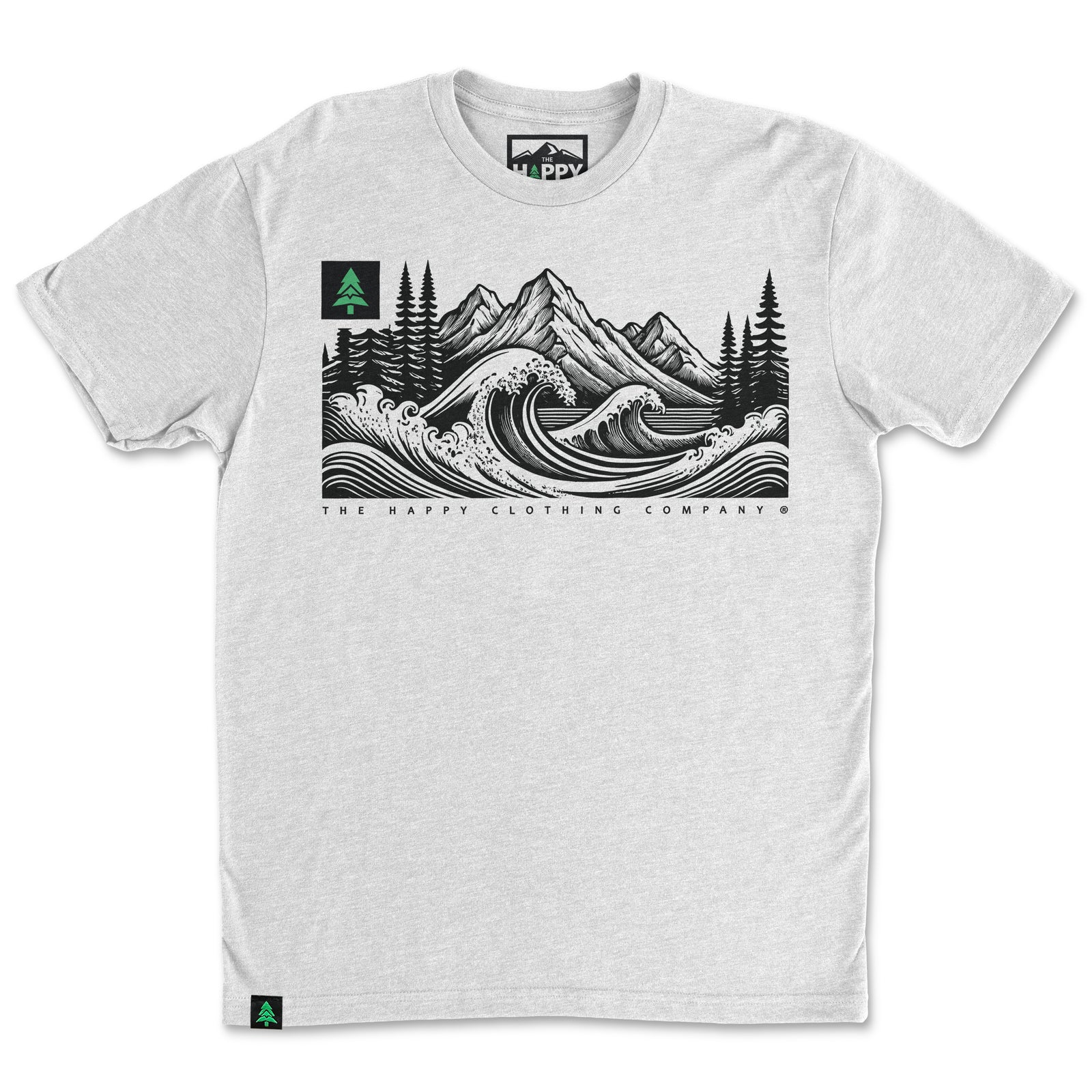 Mountains Trees and Seas Drawing 'Trail Tee' | Lightweight Blend | - The Happy Clothing Company