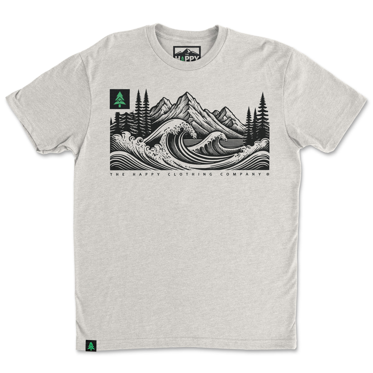 Mountains Trees and Seas Drawing 'Trail Tee' | Lightweight Blend | - The Happy Clothing Company
