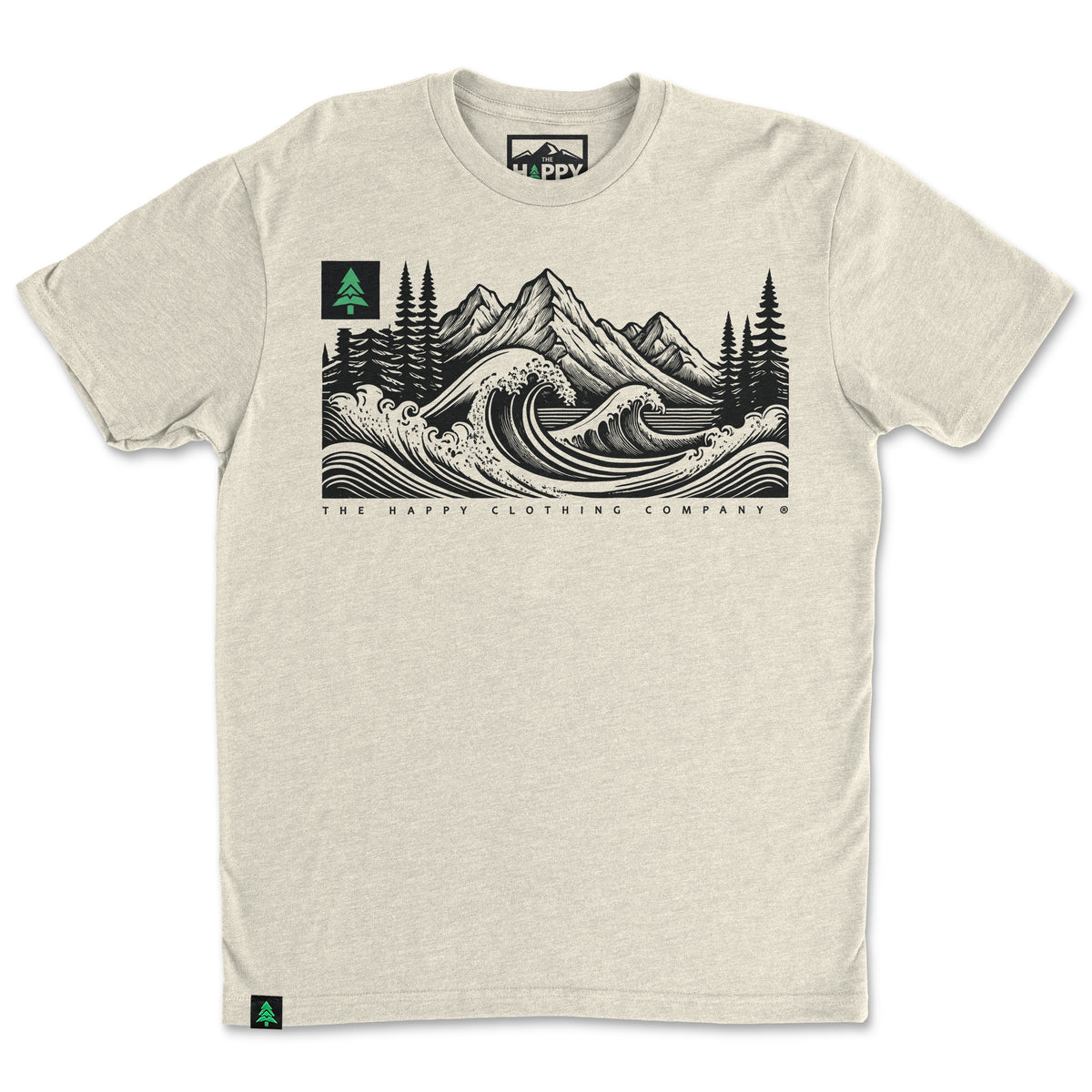 Mountains Trees and Seas Drawing 'Trail Tee' | Lightweight Blend | - The Happy Clothing Company