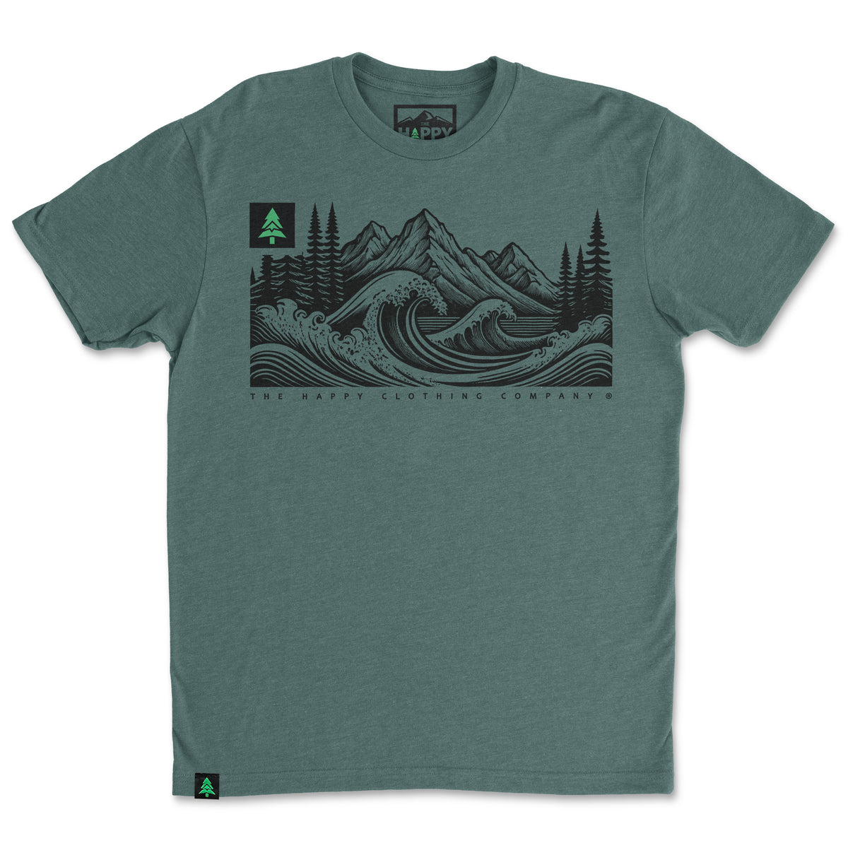 Mountains Trees and Seas Drawing 'Trail Tee' | Lightweight Blend | - The Happy Clothing Company