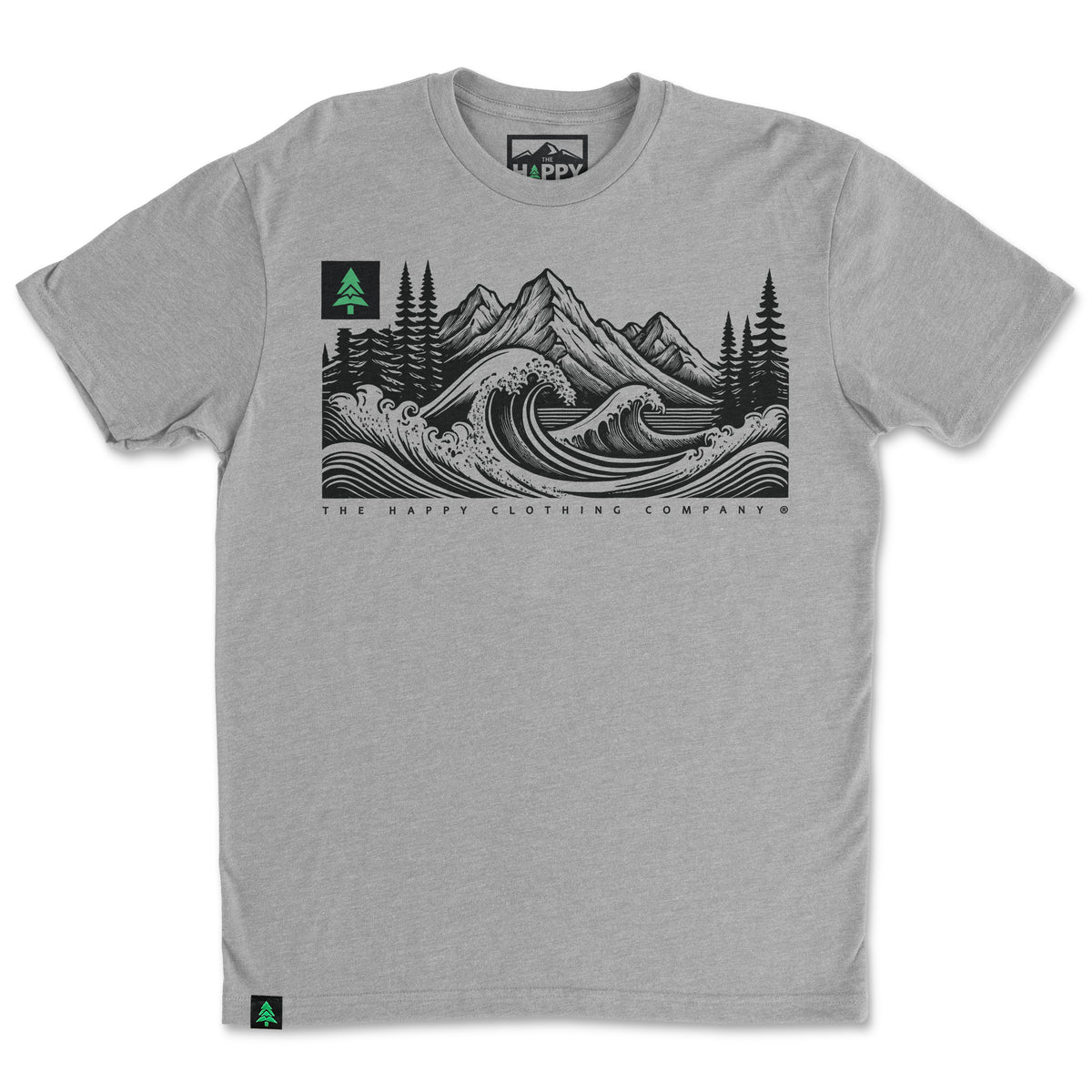 Mountains Trees and Seas Drawing 'Trail Tee' | Lightweight Blend | - The Happy Clothing Company