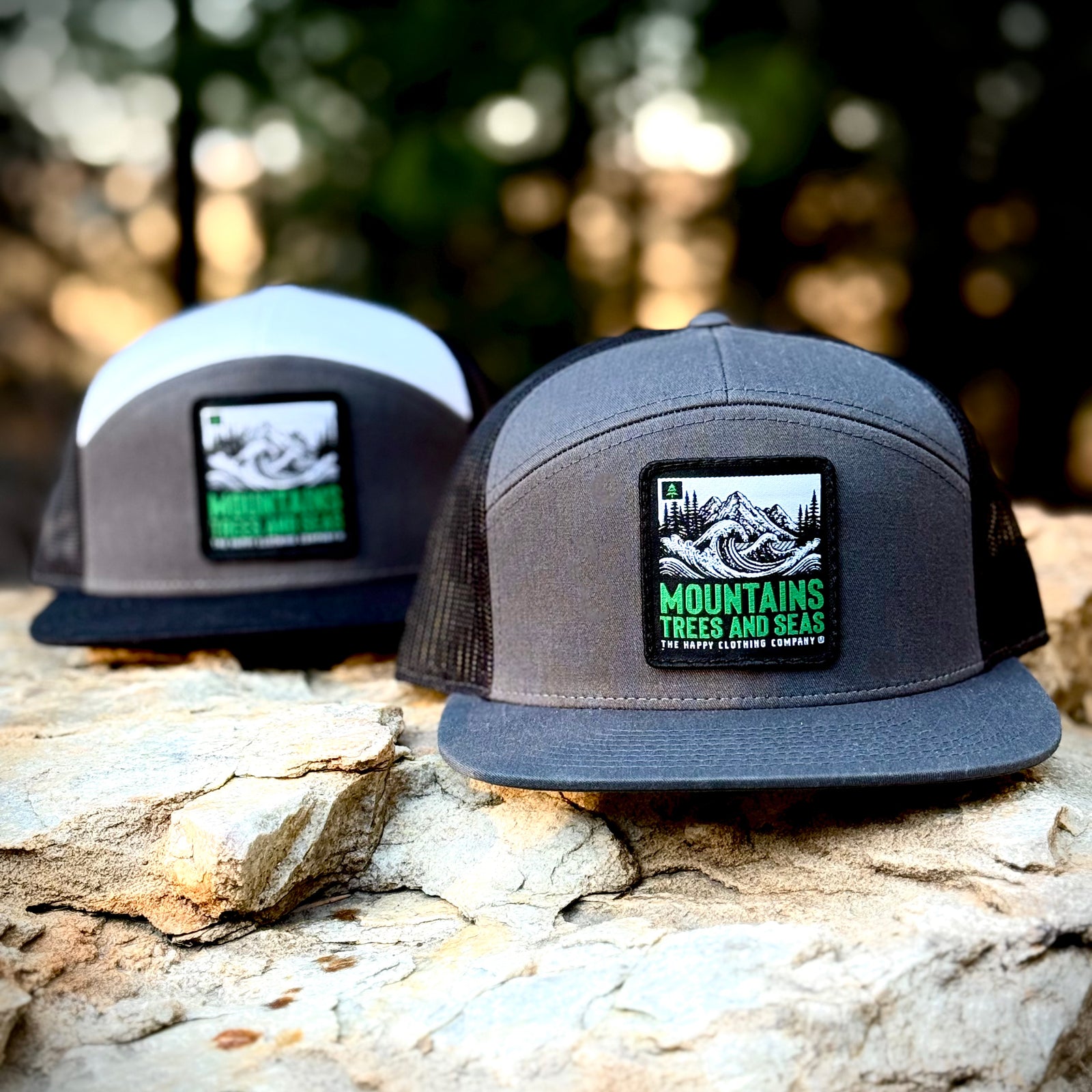 Mountains Trees and Seas Woven Patch 7 Panel Cap - The Happy Clothing Company