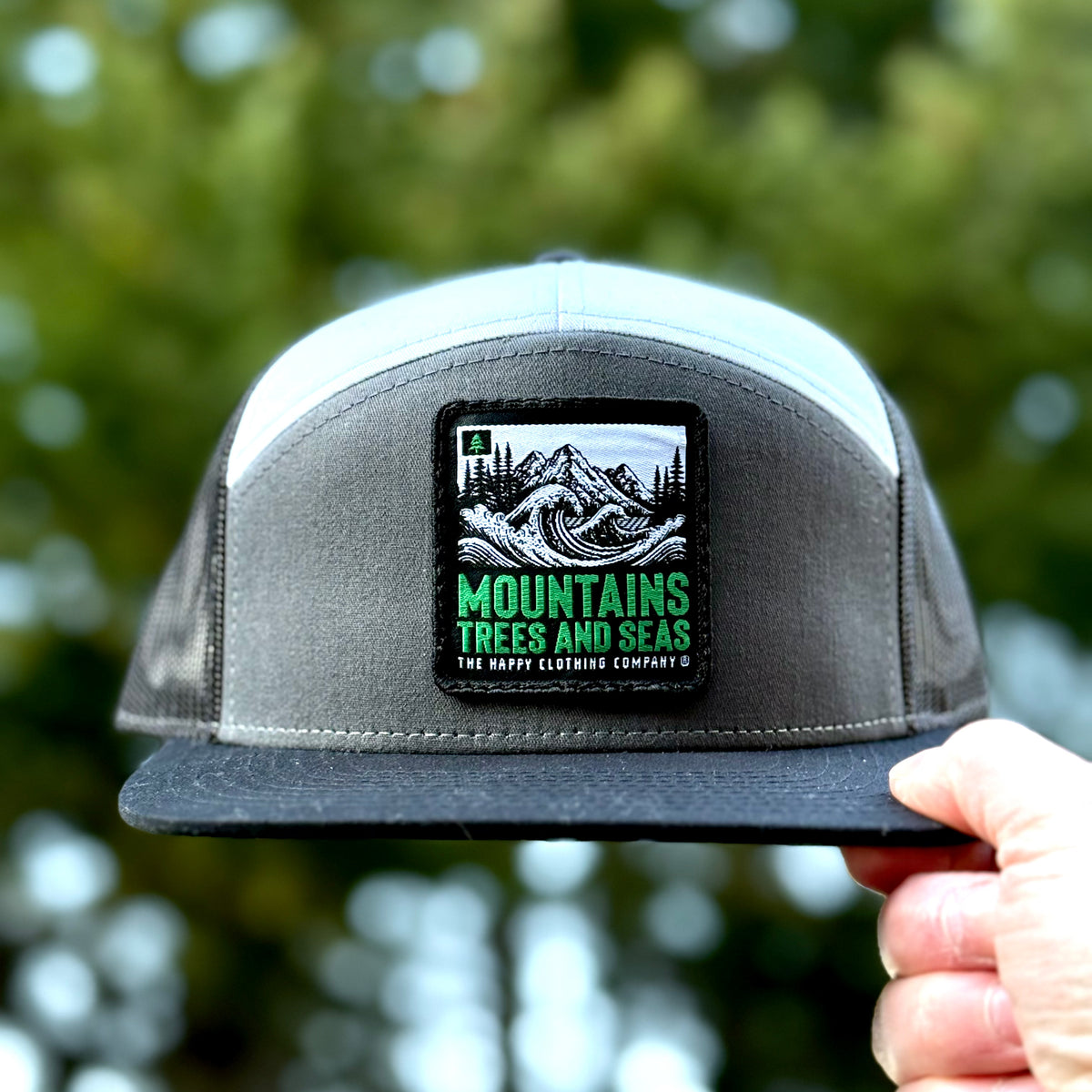 Mountains Trees and Seas Woven Patch 7 Panel Cap - The Happy Clothing Company