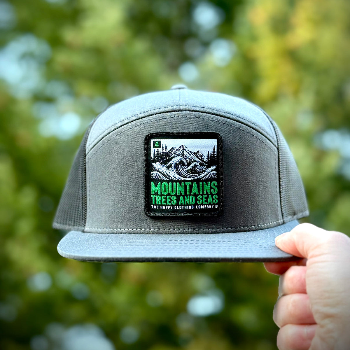 Mountains Trees and Seas Woven Patch 7 Panel Cap - The Happy Clothing Company