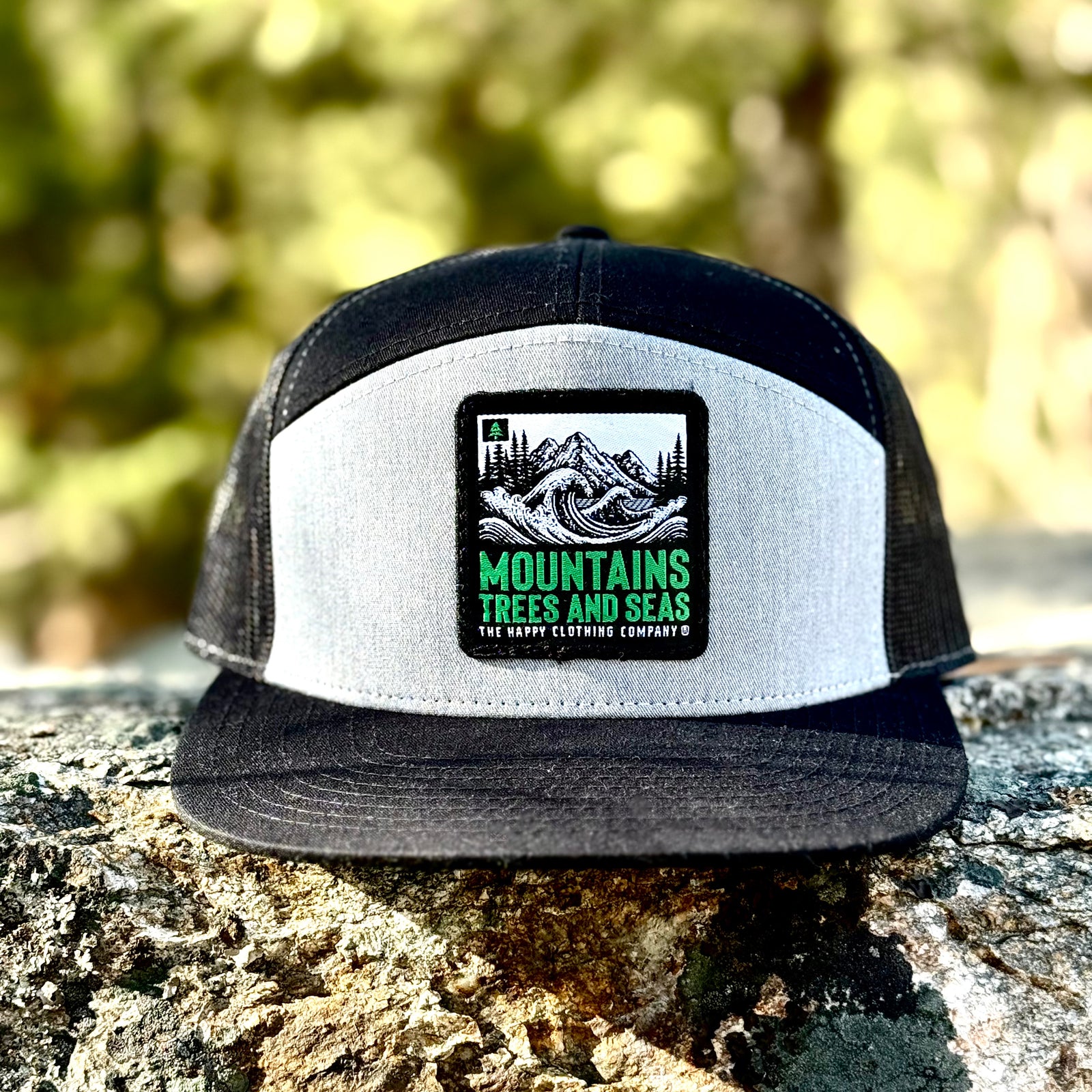 Mountains Trees and Seas Woven Patch 7 Panel Cap - The Happy Clothing Company