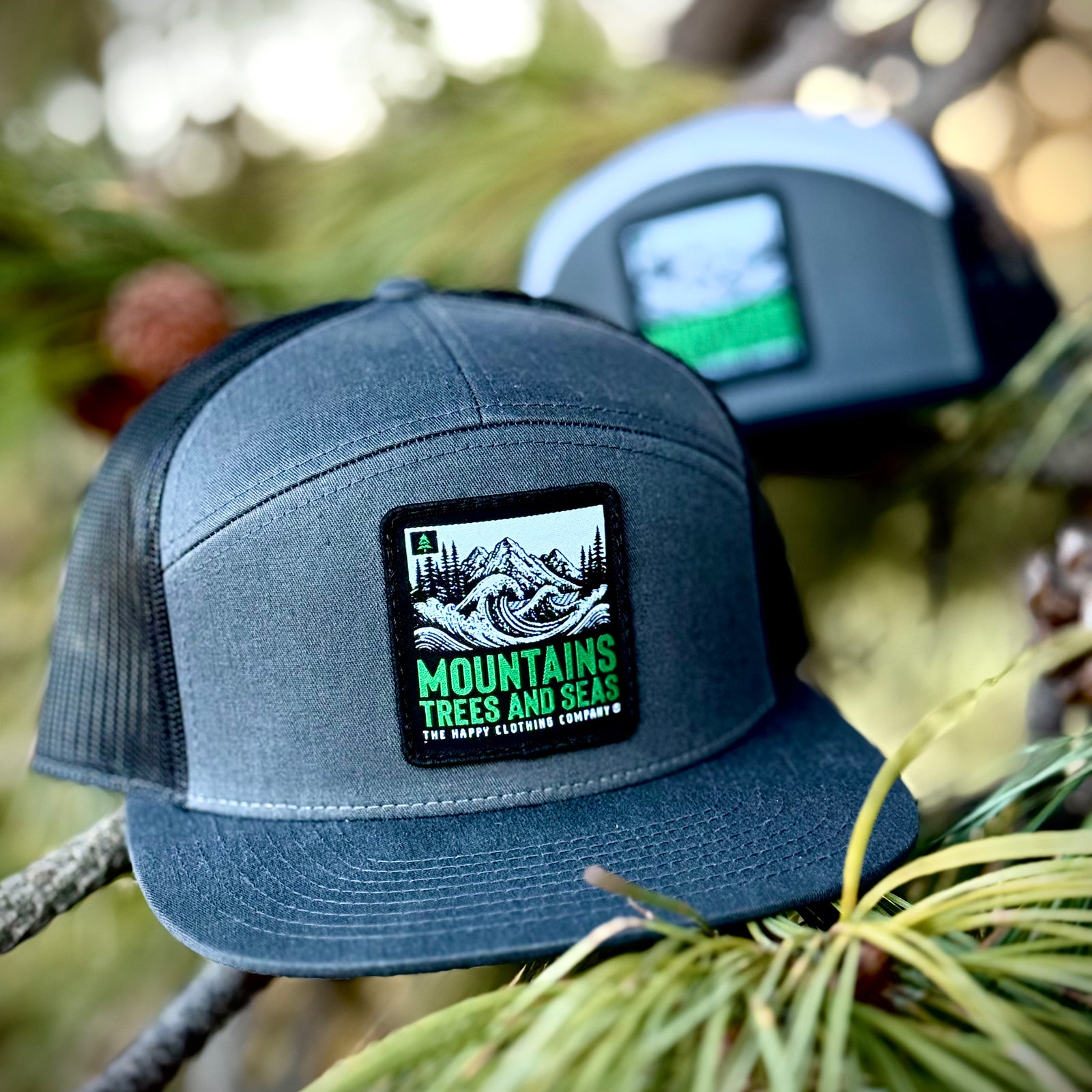Mountains Trees and Seas Woven Patch 7 Panel Cap - The Happy Clothing Company