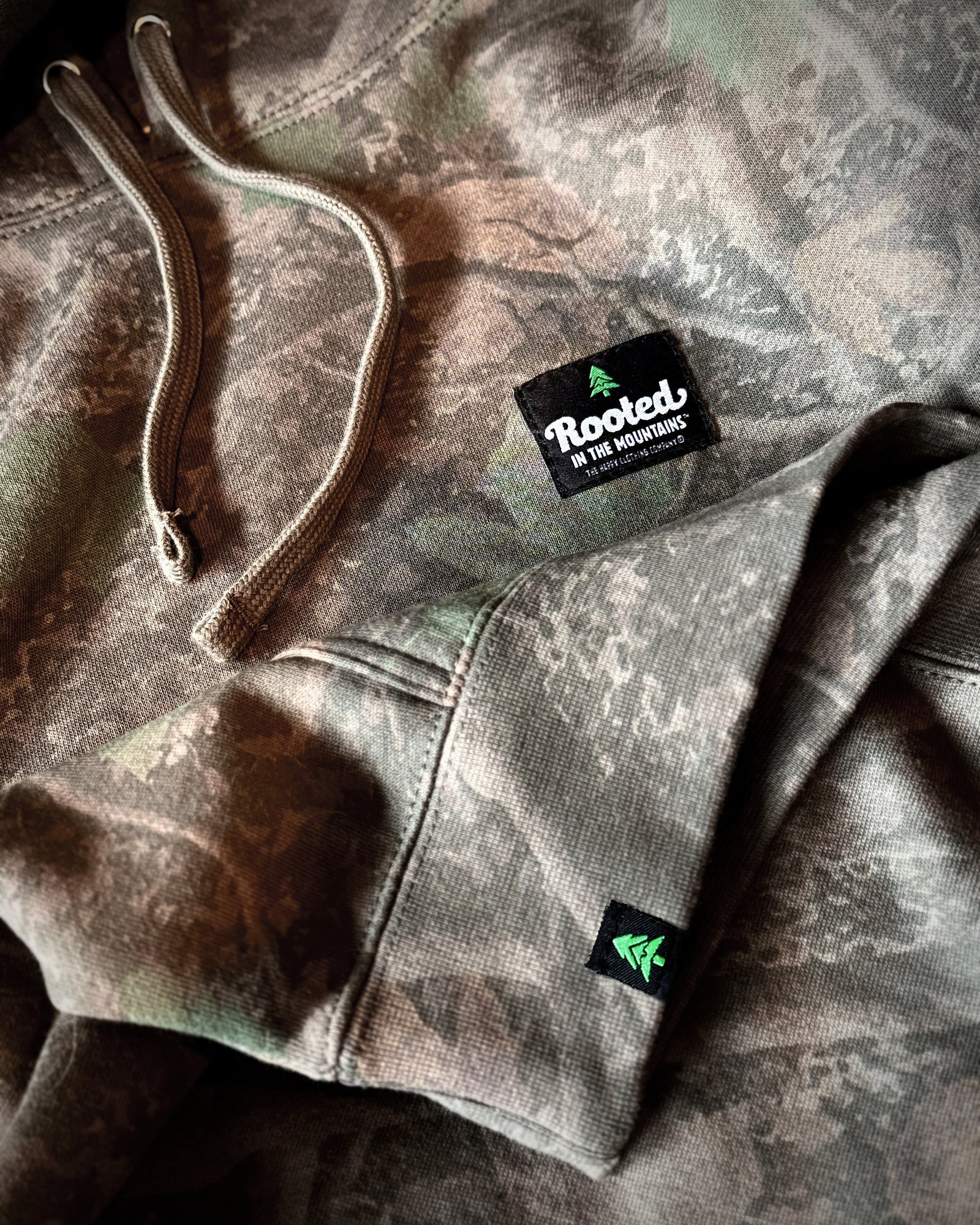 Rooted In The Mountains Label Spring Camo Heavyweight Hoodie - The Happy Clothing Company