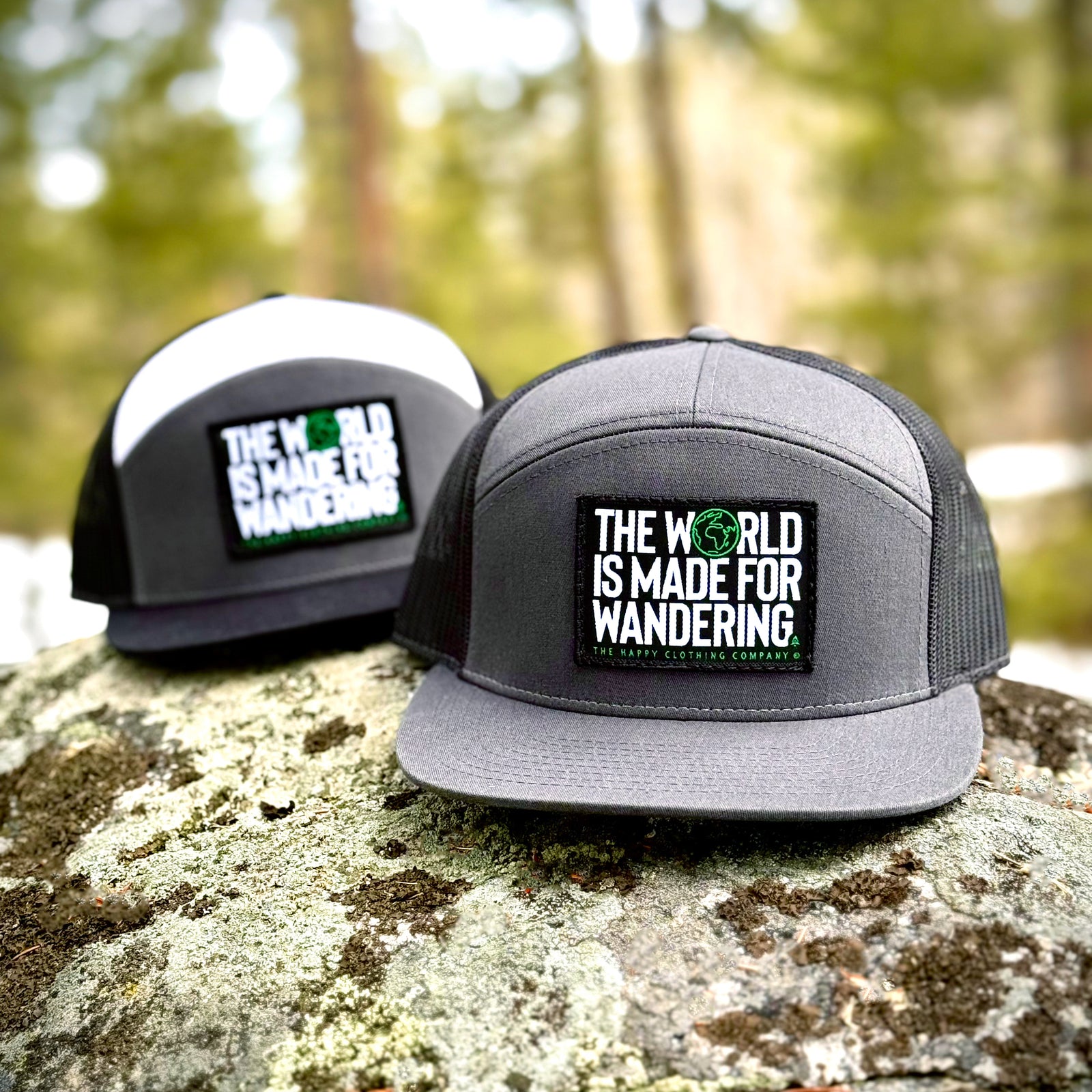 The World Is Made For Wandering Woven Patch 7 Panel Cap - The Happy Clothing Company
