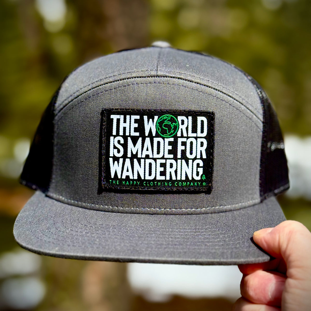 The World Is Made For Wandering Woven Patch 7 Panel Cap - The Happy Clothing Company