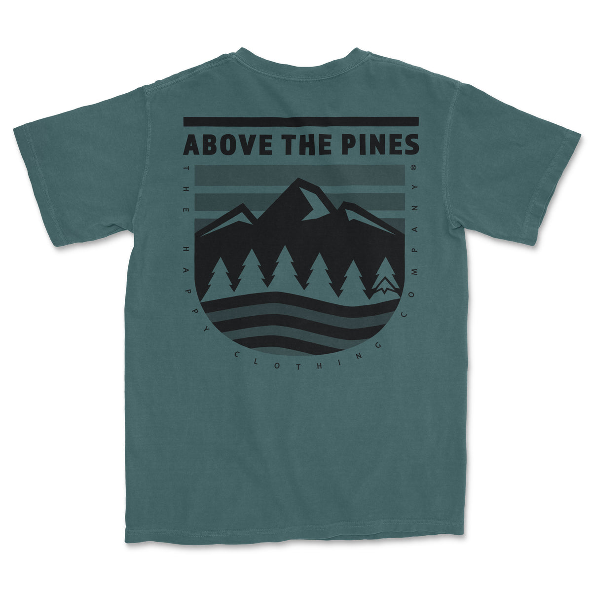 Above The Pines Back Print &lt;br&gt; Nature-Inspired Pigment Dyed Tee - The Happy Clothing Company