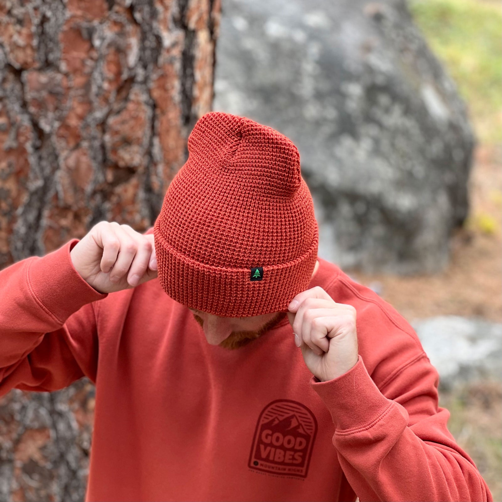 Mountain-Tree Label Waffle Cuffed Beanie - The Happy Clothing Company