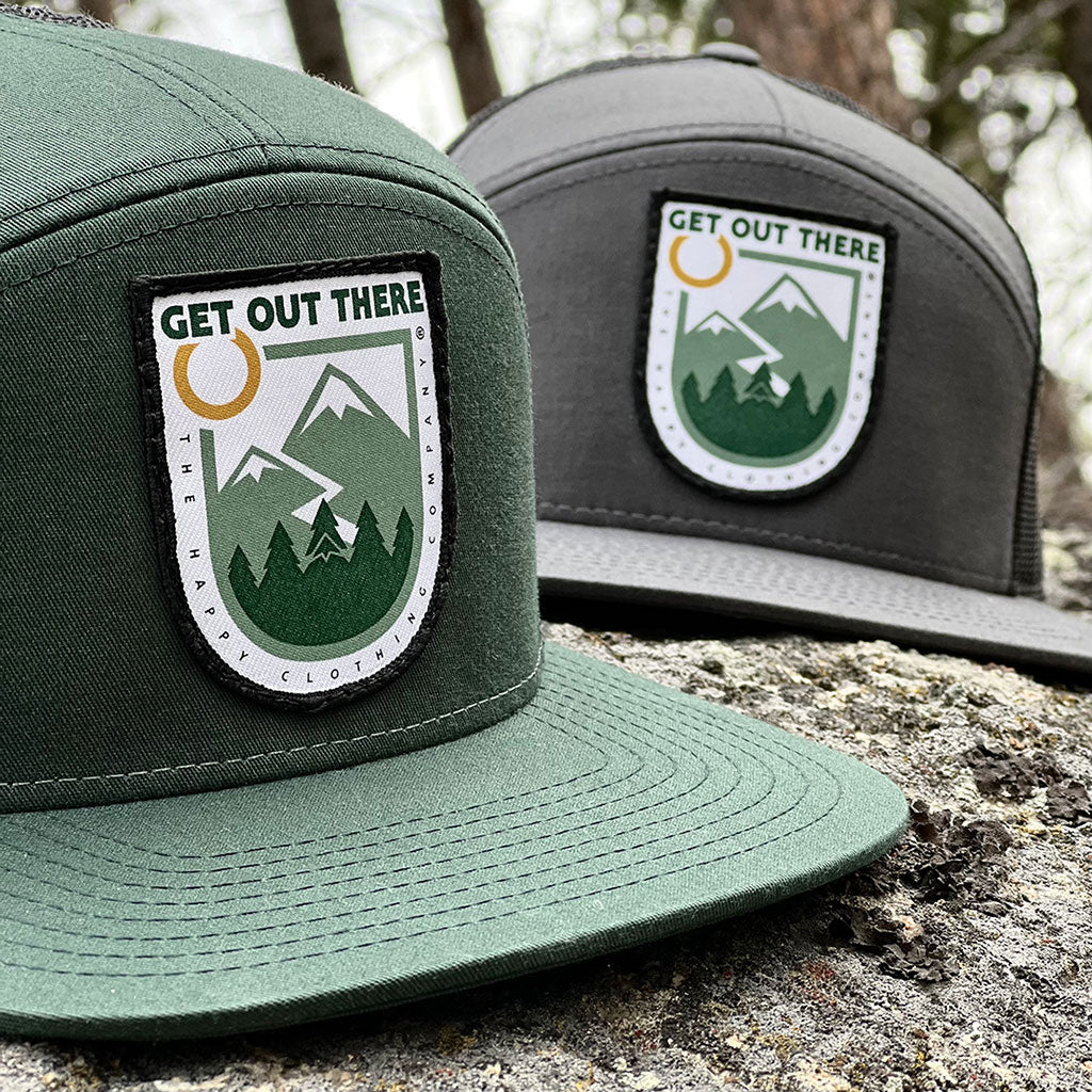 Get Out There Printed Patch <br> 7 Panel Cap - The Happy Clothing Company