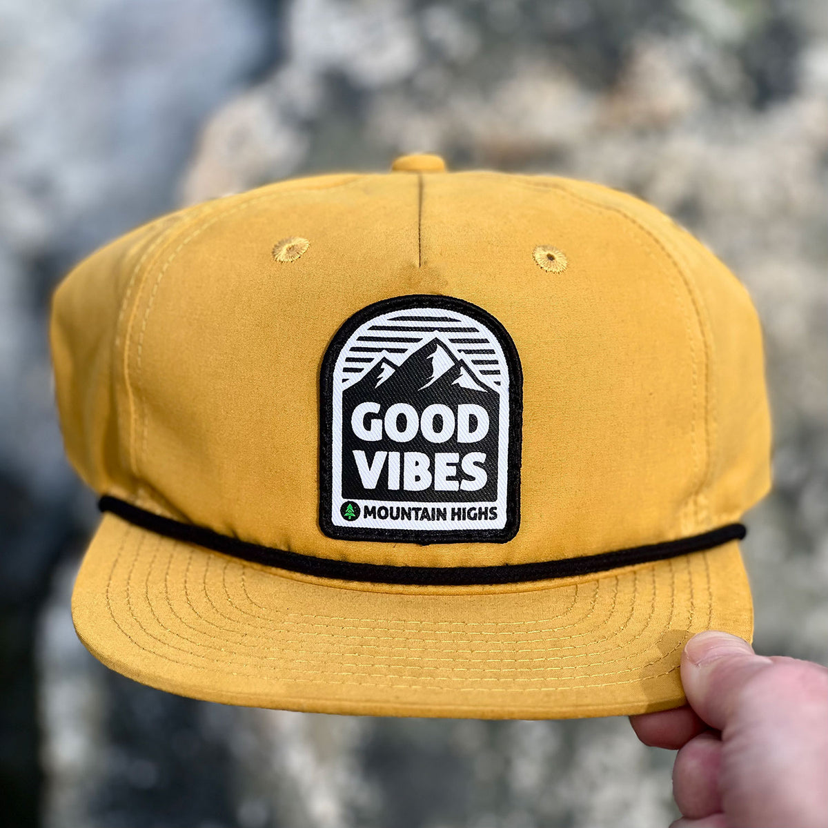 Good Vibes & Mountain Highs 5 Panel Vintage Cap with Rope - The Happy Clothing Company