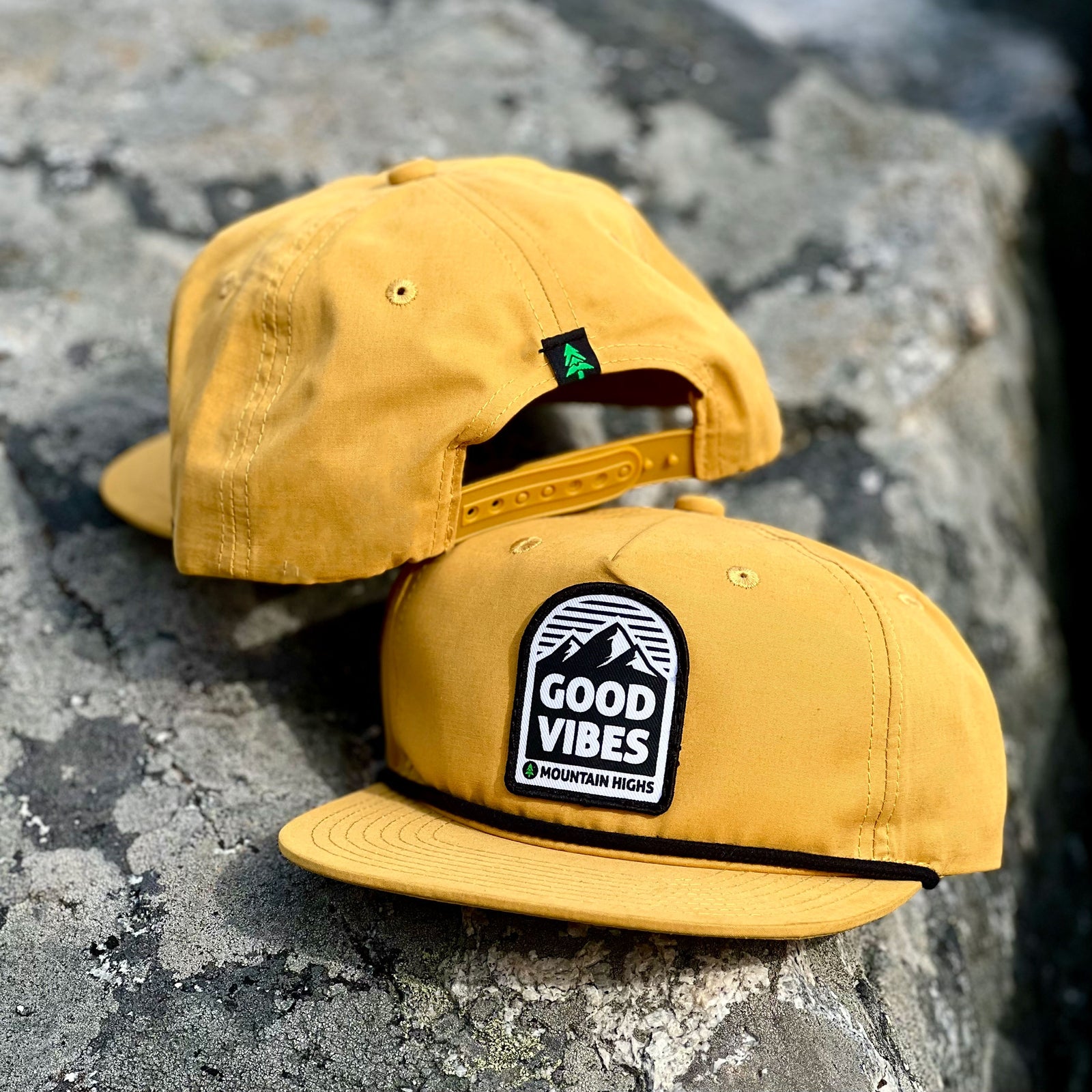 Good Vibes & Mountain Highs 5 Panel Vintage Cap with Rope - The Happy Clothing Company