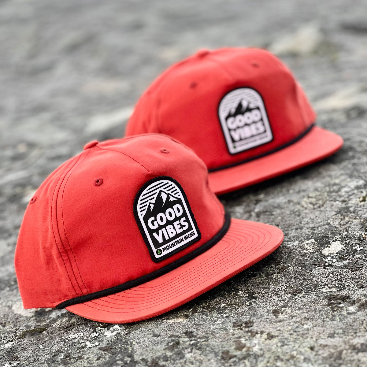 Good Vibes & Mountain Highs 5 Panel Vintage Cap with Rope - The Happy Clothing Company