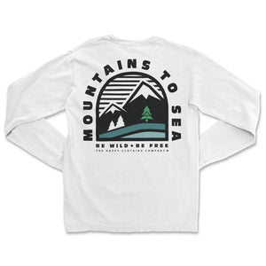 Mountains To Sea | Be Wild Be Free | Back Print Nature-Inspired Pigment Dyed Long Sleeve - The Happy Clothing Company