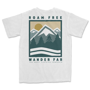 Roam Free Wander Far Pocket <br> Back Print Pigment Dyed Tee - The Happy Clothing Company
