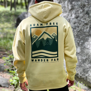 Roam Free Wander Far Back Print Unisex Heavyweight Hooded Sweatshirt - The Happy Clothing Company