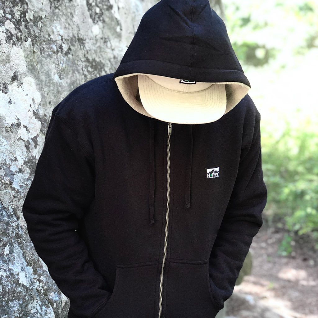 The Happy Clothing Company Full-Zip Unisex Ultra Heavyweight Sherpa-Lined Hoodie W / Logo Label Black and Sand / XL