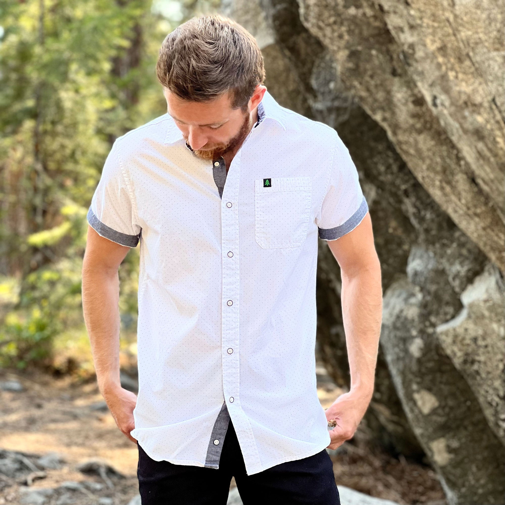 Men's Branded Printed Poplin Short Sleeve Button-Up - The Happy Clothing Company